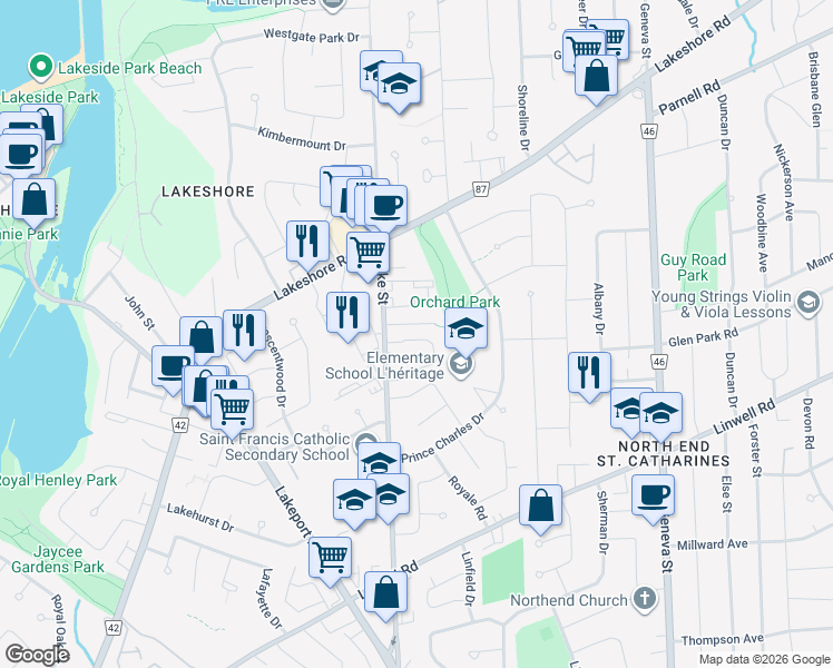 map of restaurants, bars, coffee shops, grocery stores, and more near 18 Prince Paul Crescent in Saint Catharines