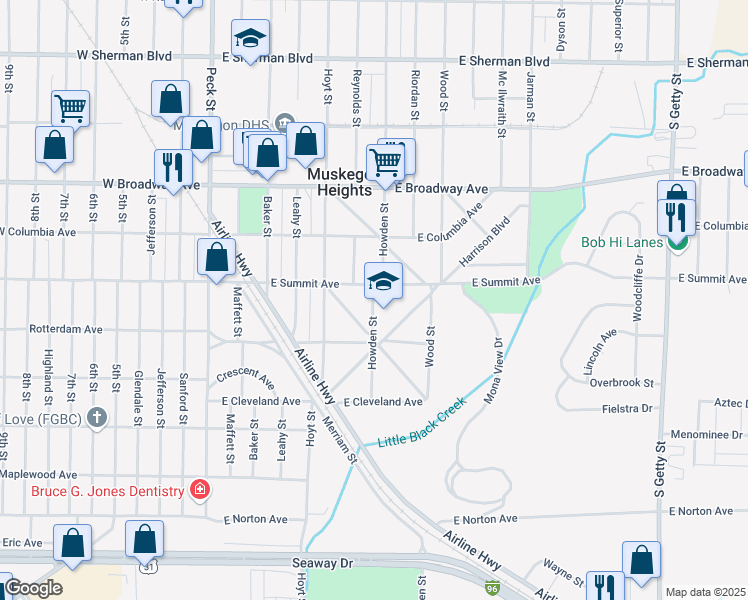map of restaurants, bars, coffee shops, grocery stores, and more near 3028 Howden Street in Muskegon Heights