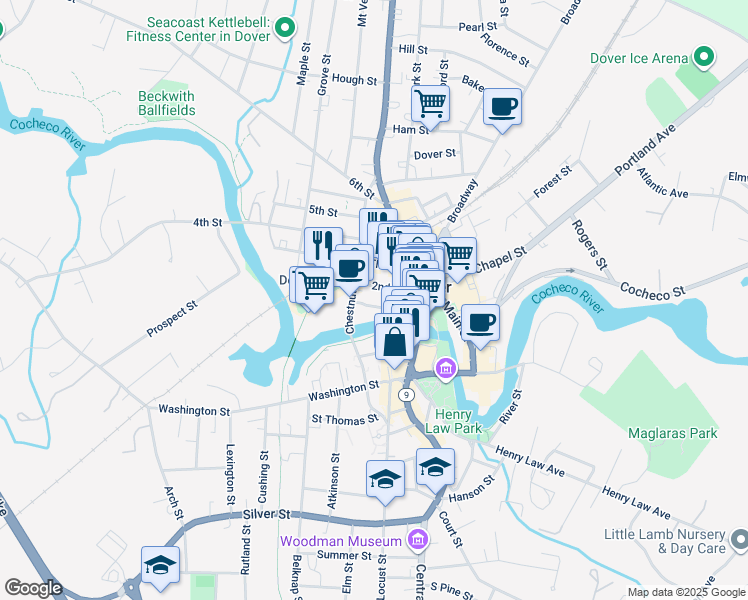 map of restaurants, bars, coffee shops, grocery stores, and more near 29 First Street in Dover