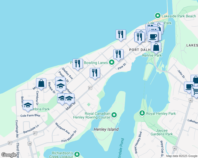 map of restaurants, bars, coffee shops, grocery stores, and more near 148 Main Street in Saint Catharines