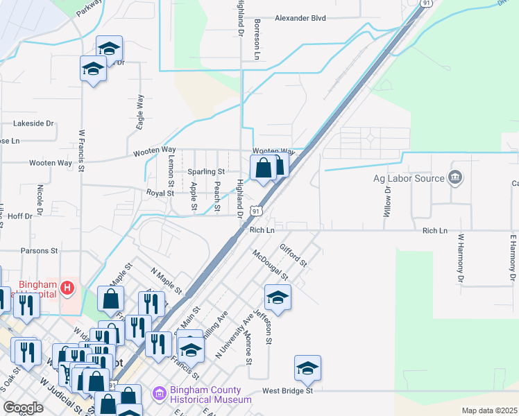 map of restaurants, bars, coffee shops, grocery stores, and more near Northwest Main Street in Blackfoot
