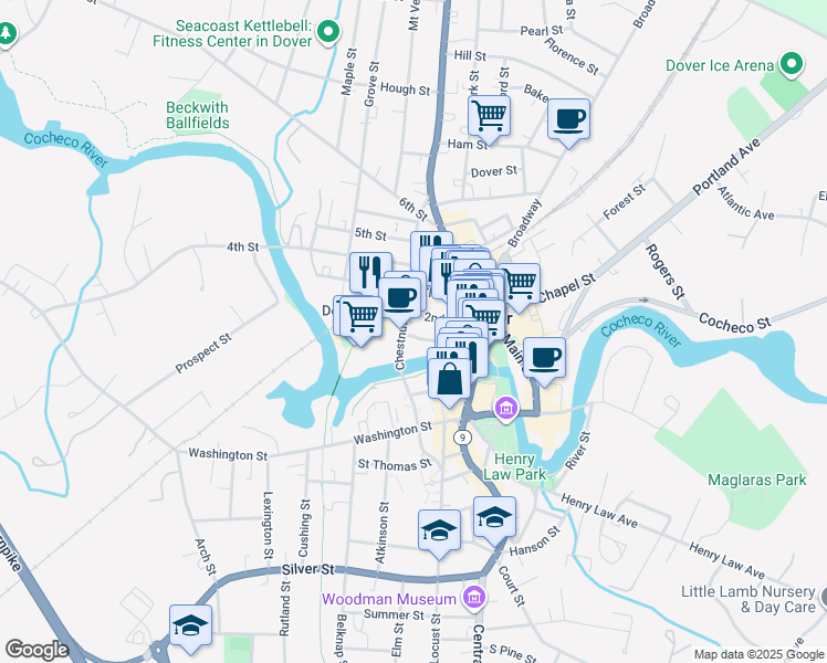 map of restaurants, bars, coffee shops, grocery stores, and more near 37 First Street in Dover