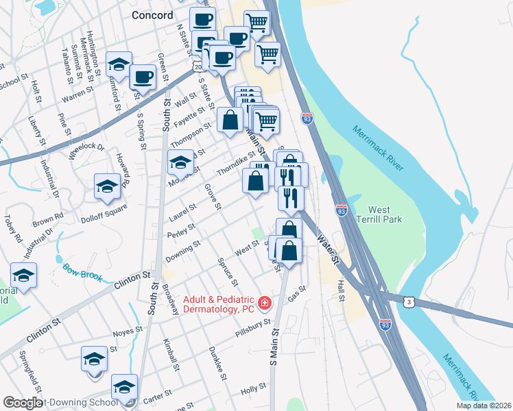 map of restaurants, bars, coffee shops, grocery stores, and more near 86 South State Street in Concord