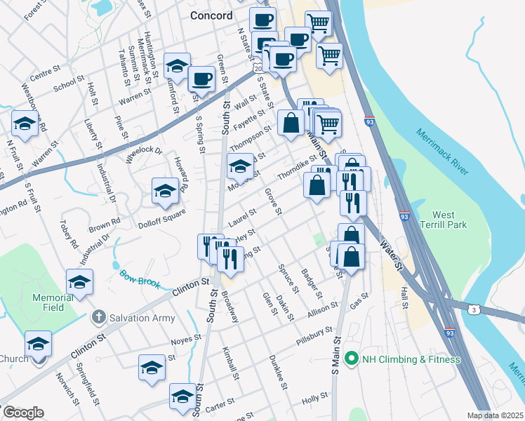 map of restaurants, bars, coffee shops, grocery stores, and more near 42 Perley Street in Concord