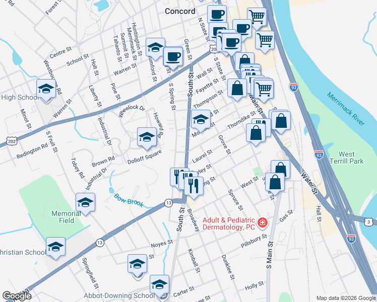 map of restaurants, bars, coffee shops, grocery stores, and more near 60 South Street in Concord