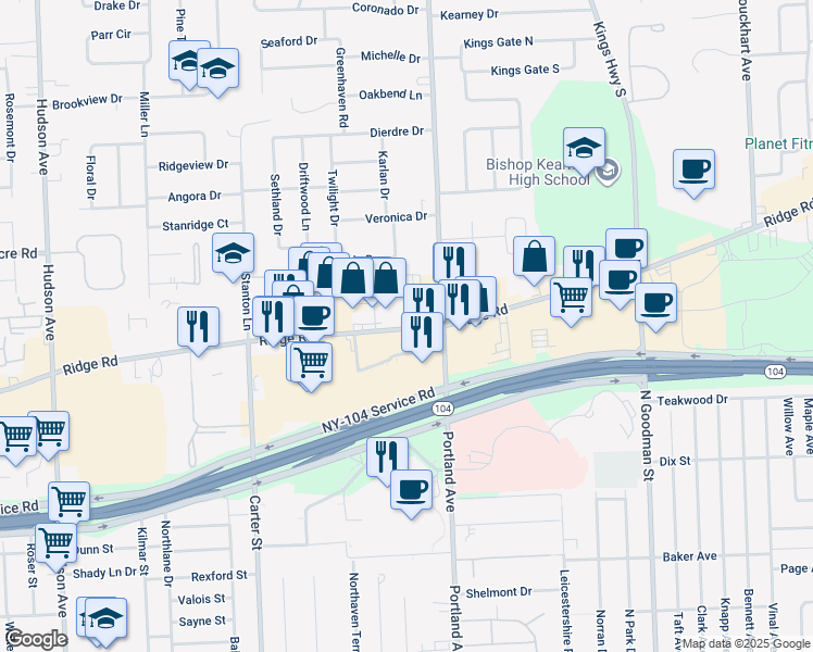 map of restaurants, bars, coffee shops, grocery stores, and more near 1175 East Ridge Road in Rochester