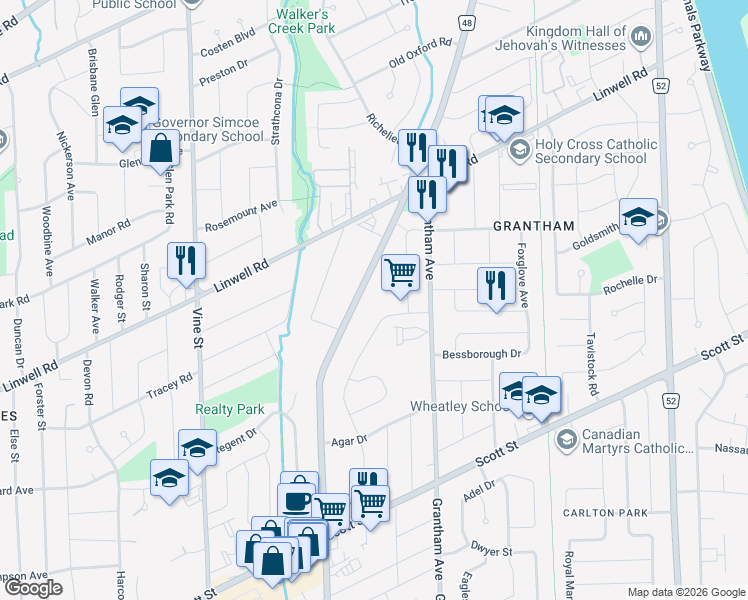 map of restaurants, bars, coffee shops, grocery stores, and more near 542 Niagara Street in St. Catharines