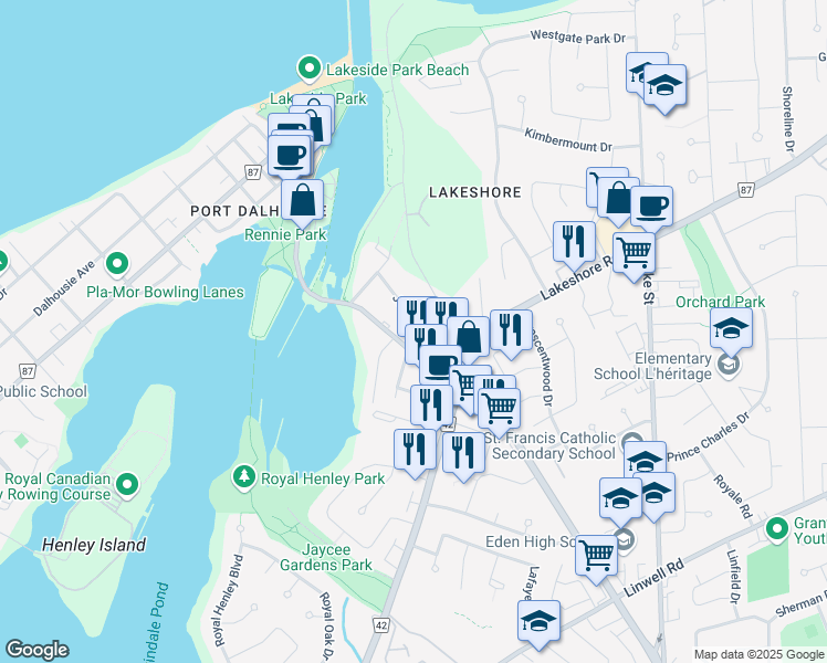 map of restaurants, bars, coffee shops, grocery stores, and more near 93 Regional Road 87 in St. Catharines