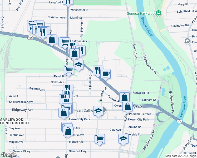 map of restaurants, bars, coffee shops, grocery stores, and more near 136 Desmond Street in Rochester