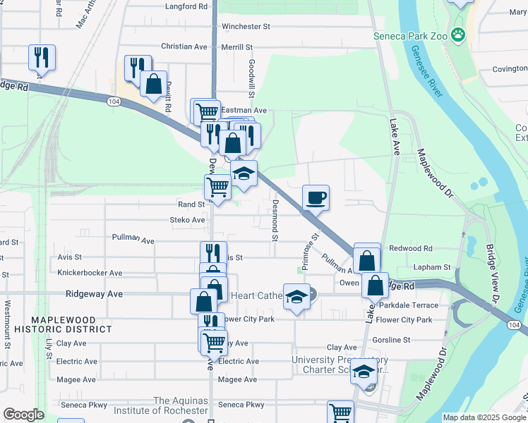 map of restaurants, bars, coffee shops, grocery stores, and more near 76 Palm Street in Rochester