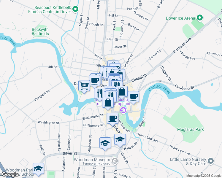 map of restaurants, bars, coffee shops, grocery stores, and more near 422 Central Avenue in Dover