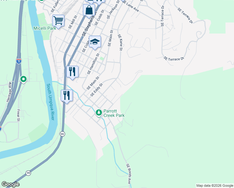 map of restaurants, bars, coffee shops, grocery stores, and more near 1518 Southeast Sanford Avenue in Roseburg