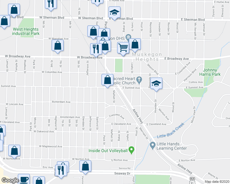 map of restaurants, bars, coffee shops, grocery stores, and more near 3009 Merriam Street in Muskegon Heights