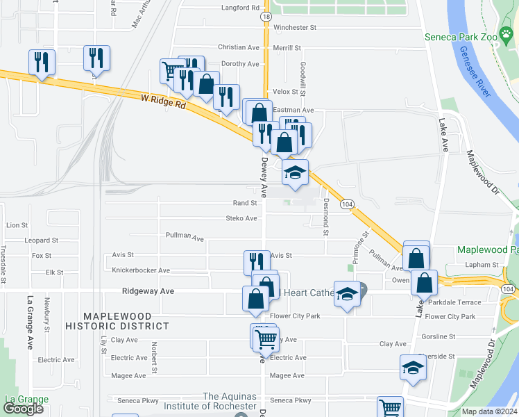 map of restaurants, bars, coffee shops, grocery stores, and more near 1657 Dewey Avenue in Rochester