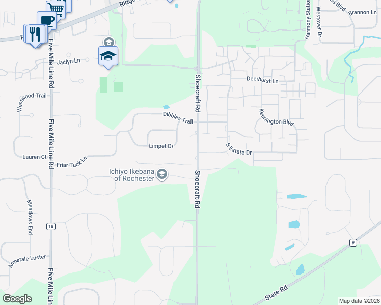 map of restaurants, bars, coffee shops, grocery stores, and more near 1151 Shoecraft Road in Webster