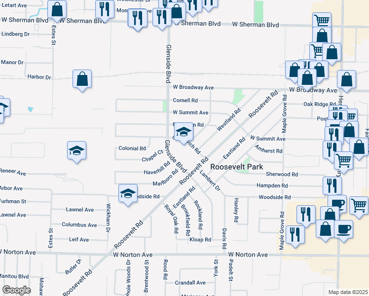 map of restaurants, bars, coffee shops, grocery stores, and more near 1355 Greenwich Road in Muskegon
