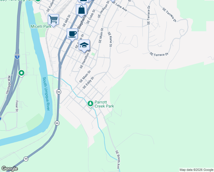 map of restaurants, bars, coffee shops, grocery stores, and more near 1518 Southeast Sanford Avenue in Roseburg