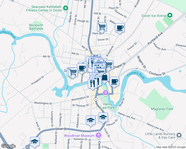 map of restaurants, bars, coffee shops, grocery stores, and more near 422 Central Avenue in Dover