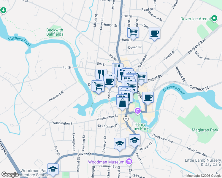 map of restaurants, bars, coffee shops, grocery stores, and more near 200 First Street in Dover