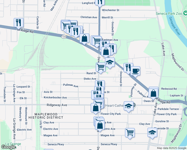 map of restaurants, bars, coffee shops, grocery stores, and more near 36 Steko Avenue in Rochester