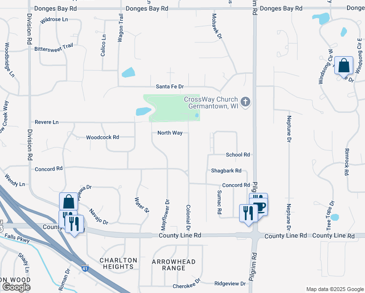 map of restaurants, bars, coffee shops, grocery stores, and more near W162N9846 Mayflower Drive in Germantown