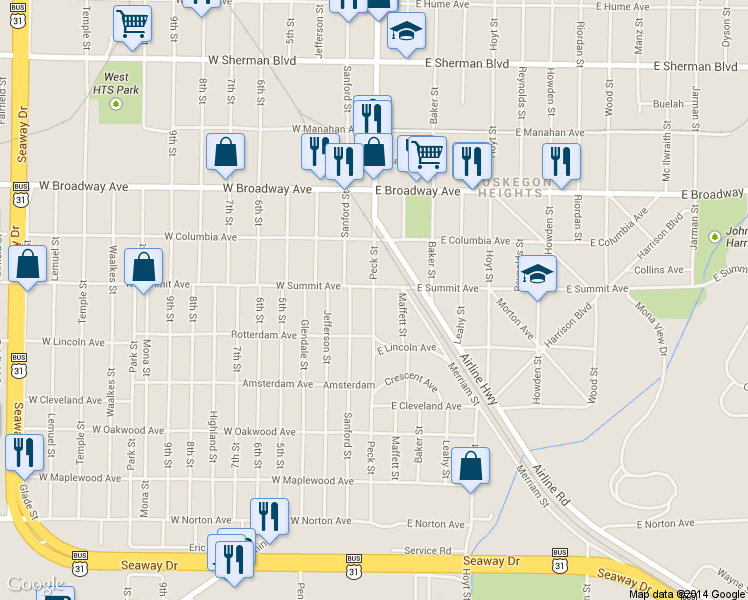 map of restaurants, bars, coffee shops, grocery stores, and more near 3028 Sanford Street in Muskegon Heights