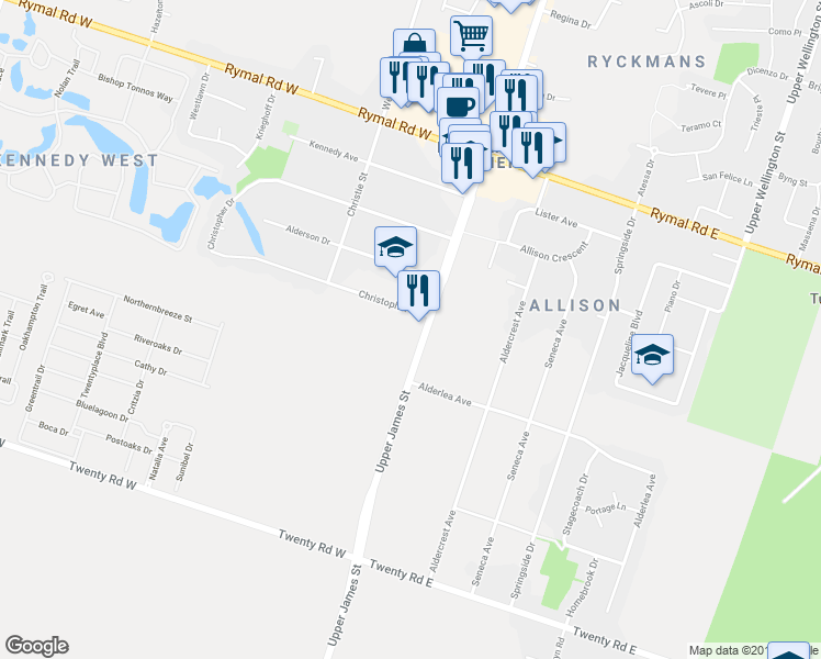map of restaurants, bars, coffee shops, grocery stores, and more near 1760 Upper James Street in Hamilton