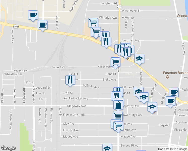 map of restaurants, bars, coffee shops, grocery stores, and more near 143 Rand Street in Rochester