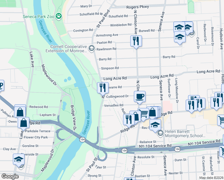 map of restaurants, bars, coffee shops, grocery stores, and more near 50 Collingwood Drive in Rochester