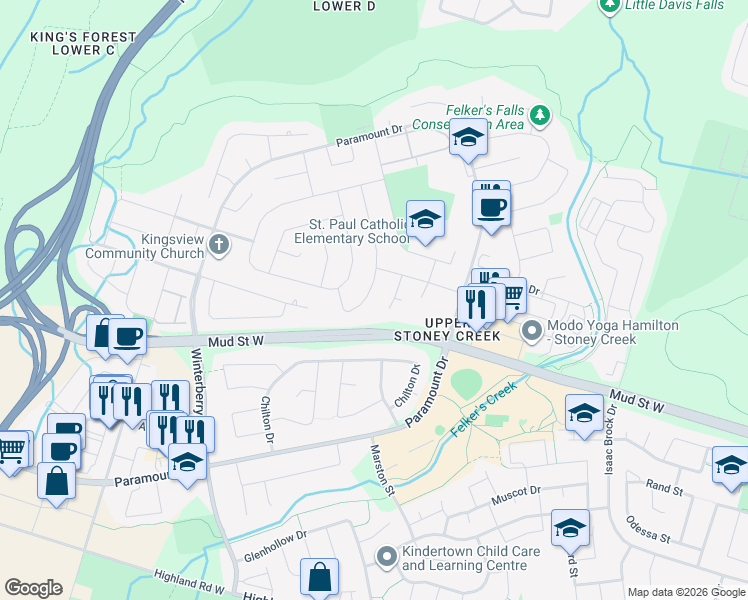 map of restaurants, bars, coffee shops, grocery stores, and more near 50 Allanbrook Street in Hamilton