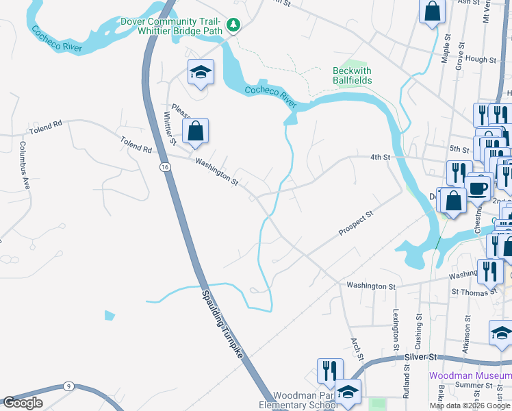 map of restaurants, bars, coffee shops, grocery stores, and more near 346 Washington Street in Dover