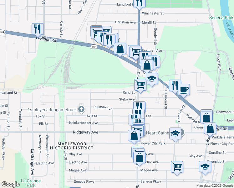 map of restaurants, bars, coffee shops, grocery stores, and more near 95 Rand Street in Rochester