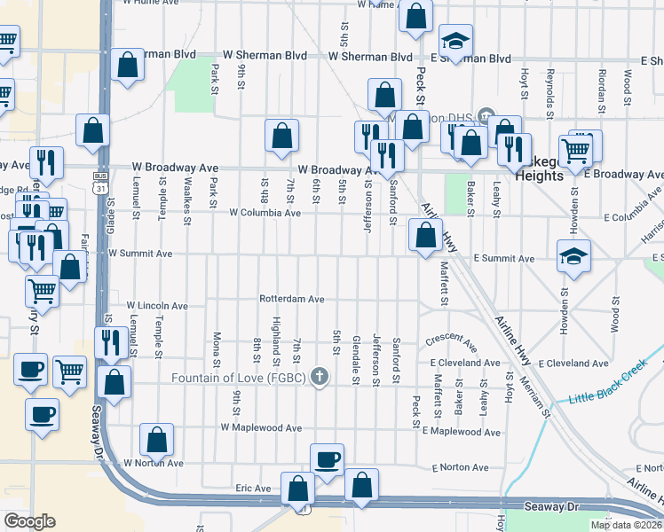 map of restaurants, bars, coffee shops, grocery stores, and more near 3024 5th Street in Muskegon Heights