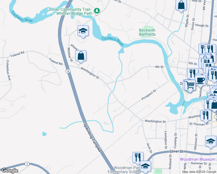 map of restaurants, bars, coffee shops, grocery stores, and more near 346 Washington Street in Dover