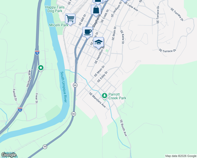 map of restaurants, bars, coffee shops, grocery stores, and more near 1732 Southeast Eddy Street in Roseburg