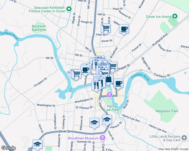 map of restaurants, bars, coffee shops, grocery stores, and more near 422 Central Avenue in Dover