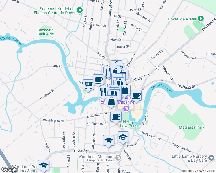 map of restaurants, bars, coffee shops, grocery stores, and more near 422 Central Avenue in Dover