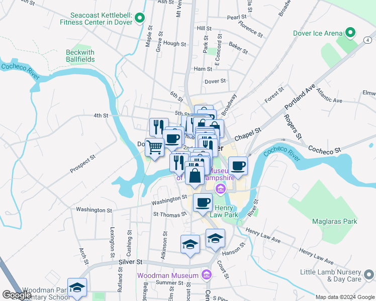 map of restaurants, bars, coffee shops, grocery stores, and more near 200 First Street in Dover