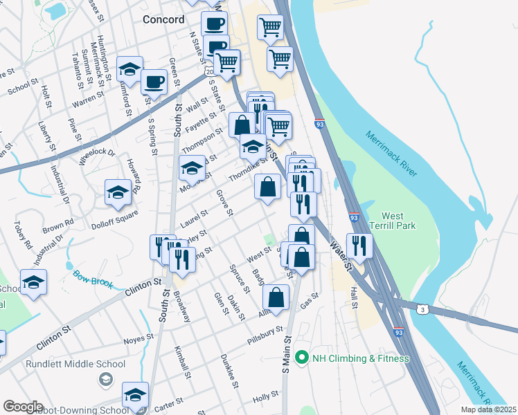 map of restaurants, bars, coffee shops, grocery stores, and more near 86 South State Street in Concord