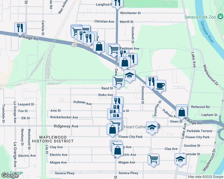 map of restaurants, bars, coffee shops, grocery stores, and more near 36 Steko Avenue in Rochester