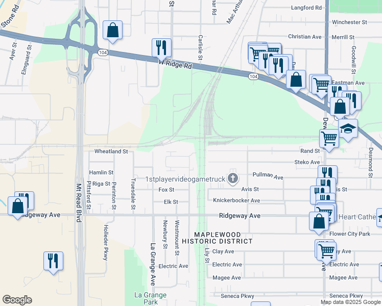 map of restaurants, bars, coffee shops, grocery stores, and more near 20 Ramona Park in Rochester
