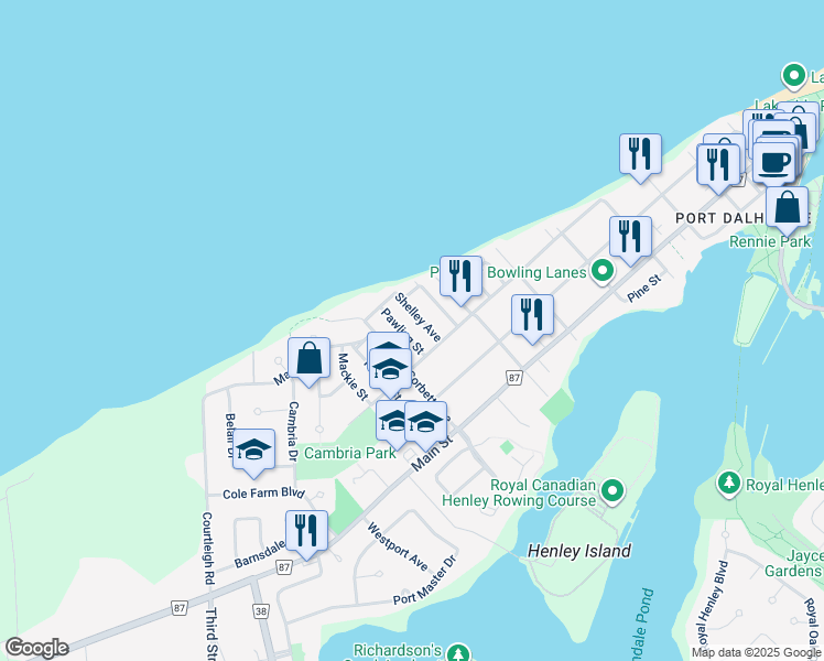 map of restaurants, bars, coffee shops, grocery stores, and more near 10 Pawling Street in Saint Catharines