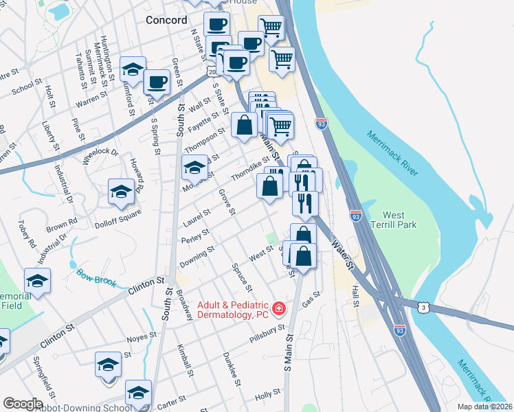 map of restaurants, bars, coffee shops, grocery stores, and more near 86 South State Street in Concord
