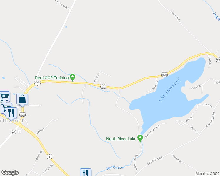 map of restaurants, bars, coffee shops, grocery stores, and more near 192 Rochester Road in Northwood