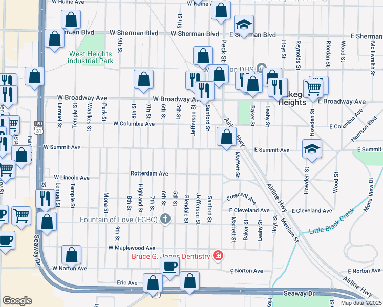 map of restaurants, bars, coffee shops, grocery stores, and more near 3001 Jefferson Street in Muskegon Heights