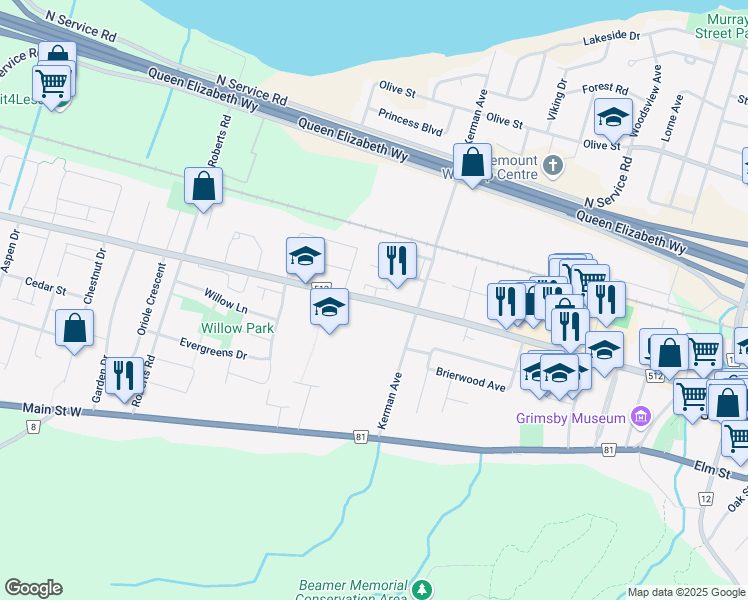 map of restaurants, bars, coffee shops, grocery stores, and more near Livingston Avenue in Grimsby