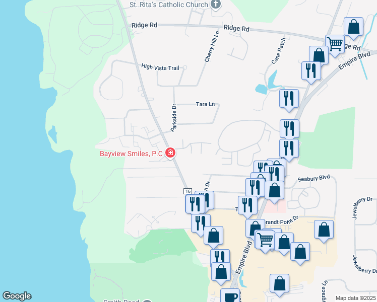 map of restaurants, bars, coffee shops, grocery stores, and more near 435 Tanton Way in Webster