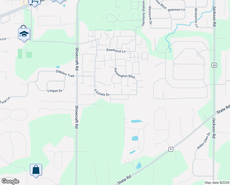 map of restaurants, bars, coffee shops, grocery stores, and more near 224 South Estate Drive in Webster