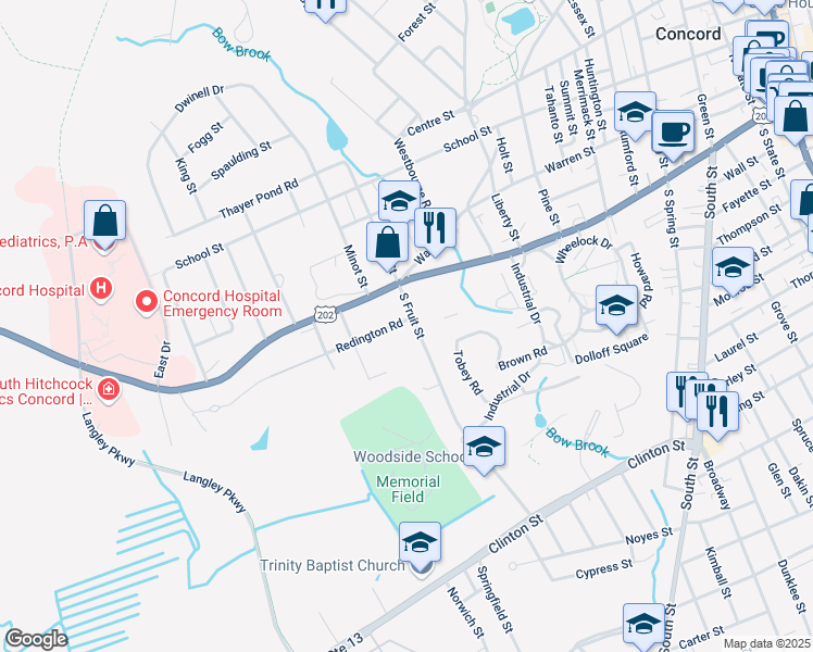 map of restaurants, bars, coffee shops, grocery stores, and more near 10 South Fruit Street in Concord