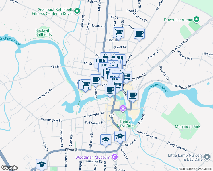 map of restaurants, bars, coffee shops, grocery stores, and more near 20a Third Street in Dover